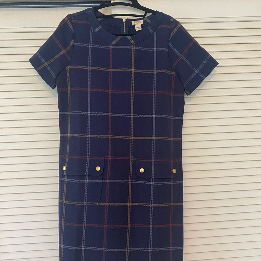 J Crew windowpane style dress with front pockets.